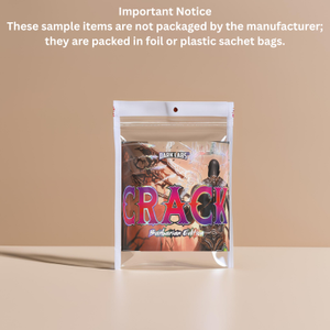 Clear plastic packaging with colorful text on a beige background