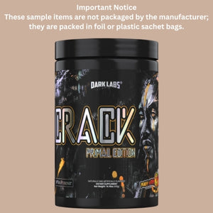 Black supplement container labeled 'Dark Labs Crack Primal Edition' on a beige background with text about packaging.