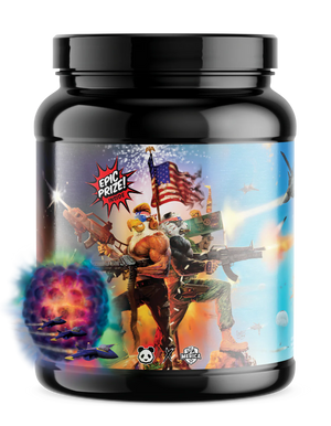Black supplement jar with colorful label featuring action figures and American flag.