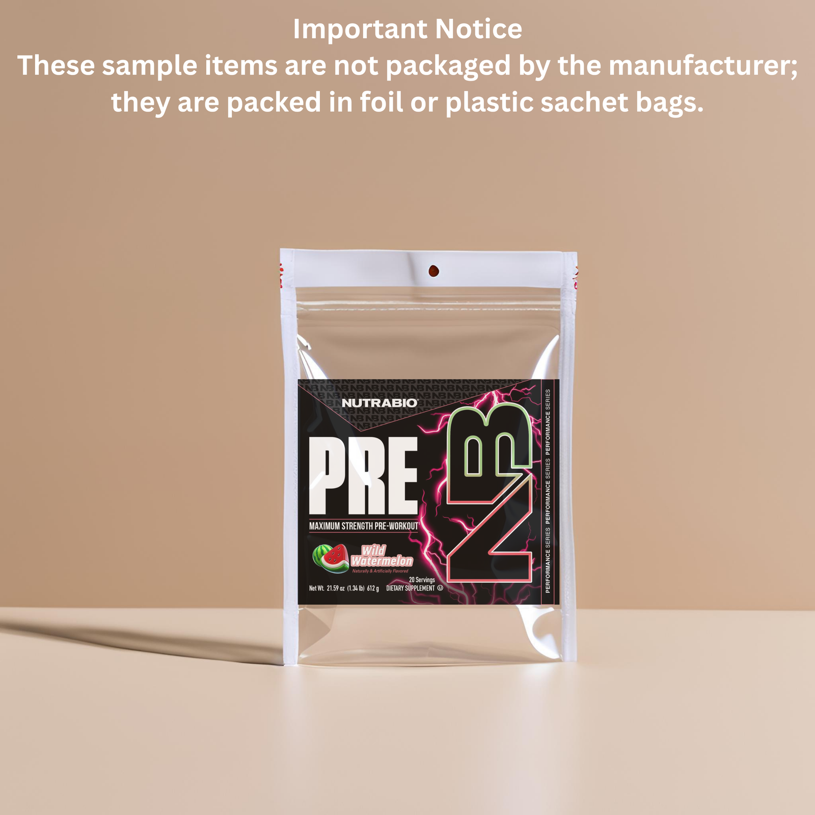 NutraRIO PRE R2 supplement package on a beige background with text about packaging.