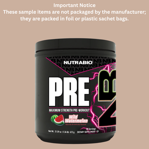 NutraBio pre-workout supplement container on a beige background