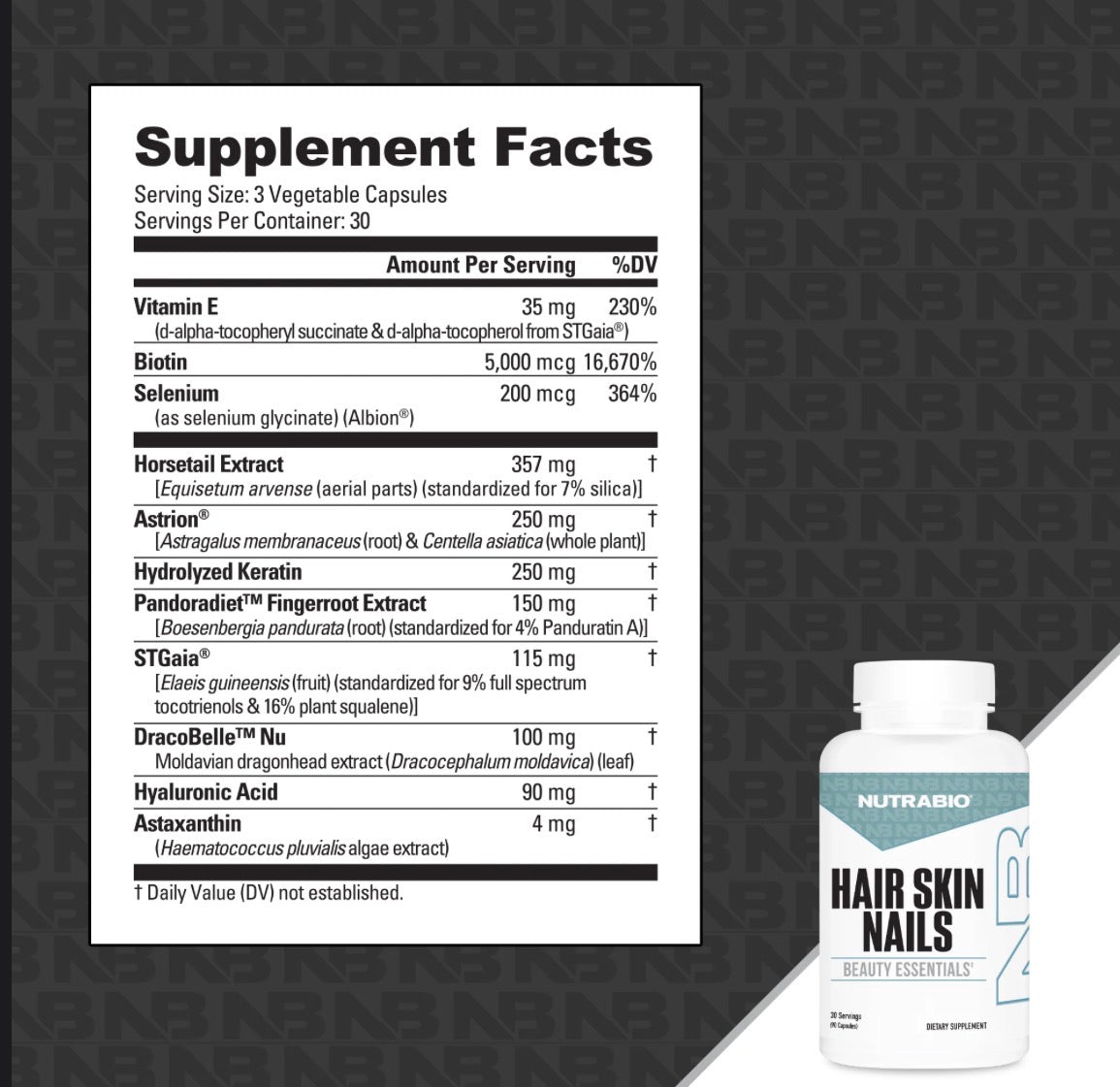 Nutrabio Hair Skin Nails supplement bottle on a white background