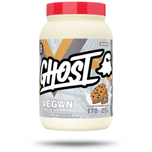 Ghost Vegan Protein container with red lid on a white background