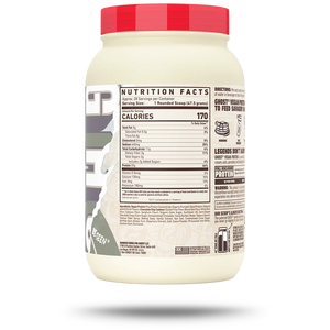 Nutrition facts label on a protein powder container with a red cap.