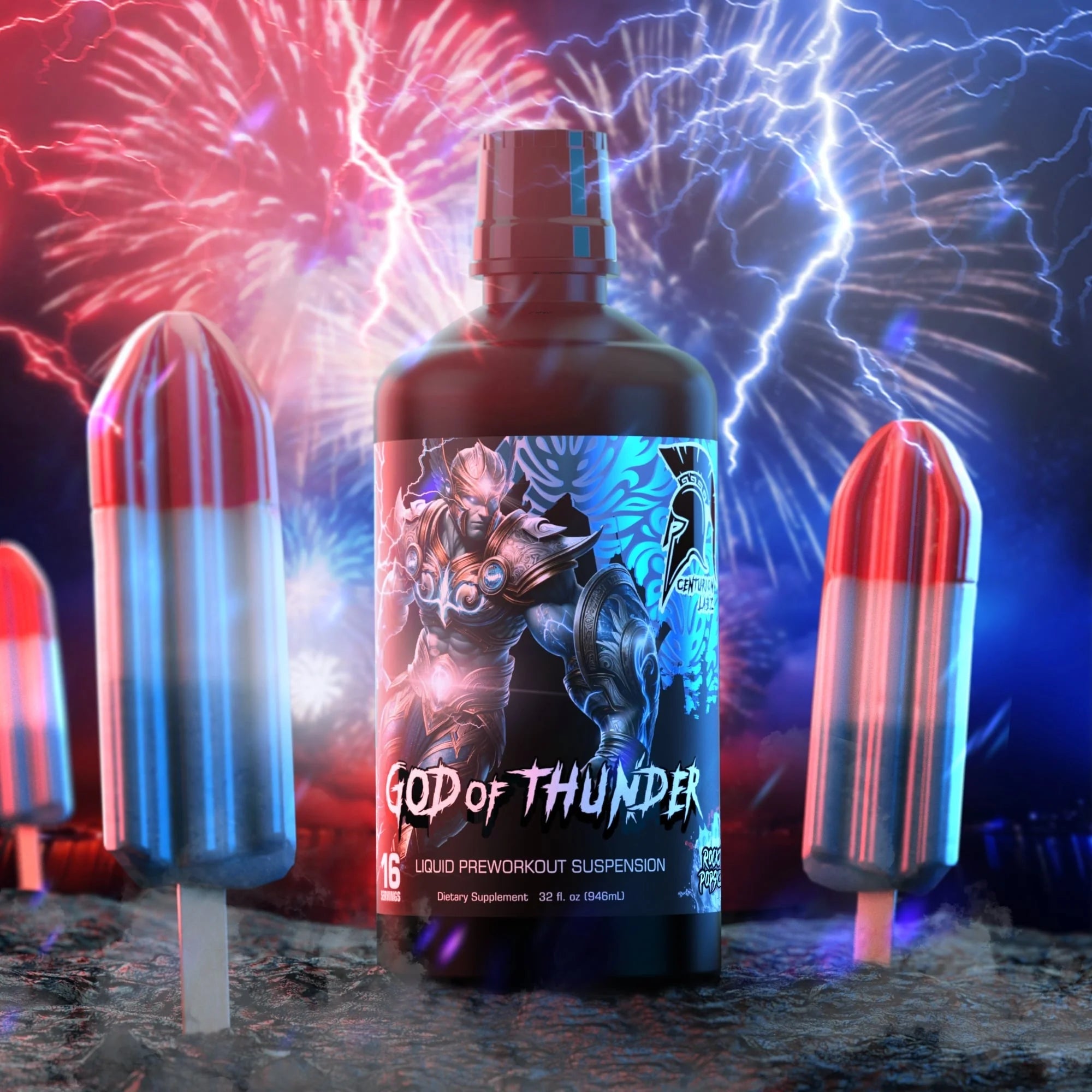Bottle labeled 'God of Thunder' with colorful popsicles and fireworks in the background