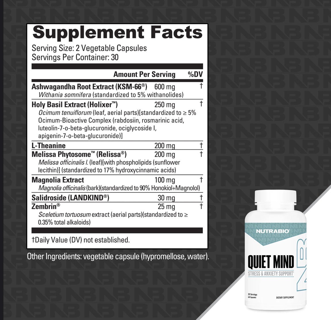 NUTRABIO Quiet Mind supplement bottle on a white background